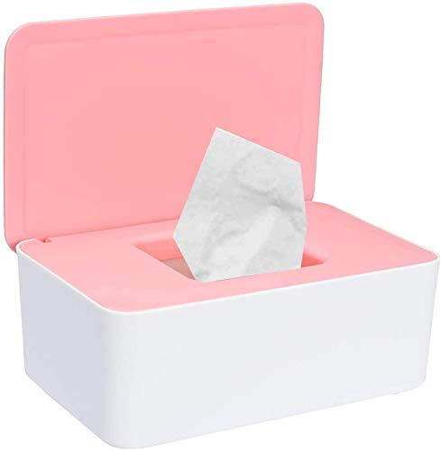 Caja de pañuelos húmedos, caja de pañuelos de bebé, dispensador de toallitas húmedas, caja dispensadora de toallitas, caja de pañuelos húmedos para bebé con cierre de tapa (rosa + blanco)