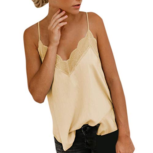 Camisetas Mujer SHOBDW Top De Satén De Seda Verano Playa Camisola Tops De Chaleco Liso con Tiras Sexy Blusa De Las Señoras Camisetas Sin Mangas Casuales Cami Tops para Mujeres(Beige,L)