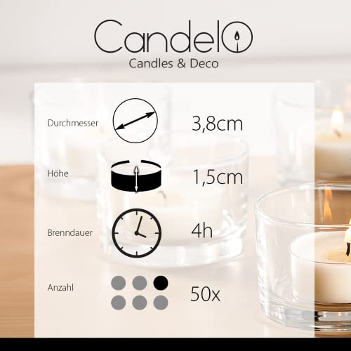 Candelo - Juego de 50 velas de té de - con aroma de vainilla en blanco, carcasa de aluminio, 1,8 x 3,5 cm por vela, 4 horas de combustión