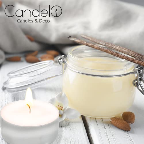 Candelo - Juego de 50 velas de té de - con aroma de vainilla en blanco, carcasa de aluminio, 1,8 x 3,5 cm por vela, 4 horas de combustión