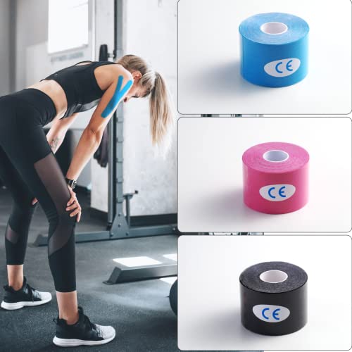 CareHabi - Cinta de kinesiología deportiva, 5 m x 5 cm, 3 rollos (1 azul, 1 rosa, 1 negro), cinta de kinesiología resistente al agua y elástica para deporte.