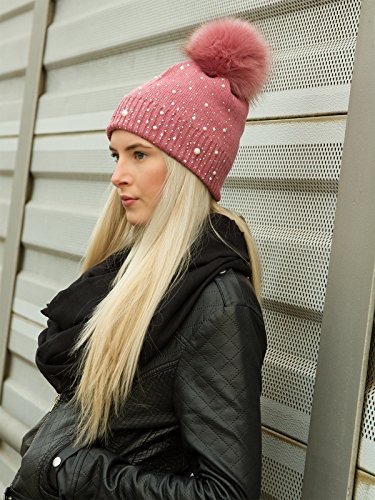 Caspar MU143 Gorro de Punto para Mujer con Pompón Grande y Perlas, Color:negro, Talla:Talla Única