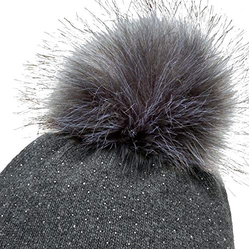 Caspar MU191 Gorro de Punto de Invierno para Mujer con Pompón y Estrás, Color:gris oscuro, Talla:Talla Única