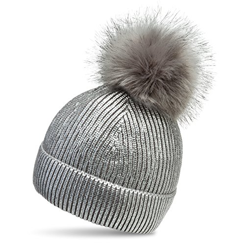 Caspar MU192 Gorro de Punto para Mujer con Pompón Grande y Brillo Metalizado, Color:plata metalizado, Talla:Talla Única