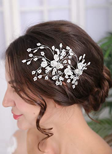 Cathercing - Pasadores de pelo para novia, color blanco para mujer, accesorios para el pelo de novia, bohemio, accesorio para el pelo de plata, para bodas, fiestas, regalos de graduación (2 unidades)