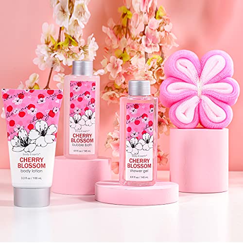 Cestas Regalo Mujer, Body & Earth Set Regalo Mujer 4Piezas Fragancia Flor de Cerezo con Gel de Ducha, Baño de Burbujas, Loción Corporal, Flor de Baño Pack Regalos Mujeres para Cumpleaño Fiesta Navidad