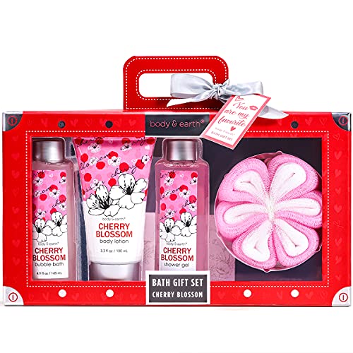 Cestas Regalo Mujer, Body & Earth Set Regalo Mujer 4Piezas Fragancia Flor de Cerezo con Gel de Ducha, Baño de Burbujas, Loción Corporal, Flor de Baño Pack Regalos Mujeres para Cumpleaño Fiesta Navidad