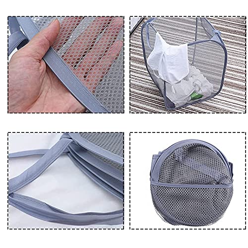 Cestos para Lavandería Plegables,2 Piezas Cesta Plegable de Malla para La Colada, Cesto de Ropa Emergente, Plegable Pop Up Malla Cesto de Ropa Bolsa, para Guardar Ropa Ordenada (Gris Claro y Rosa)