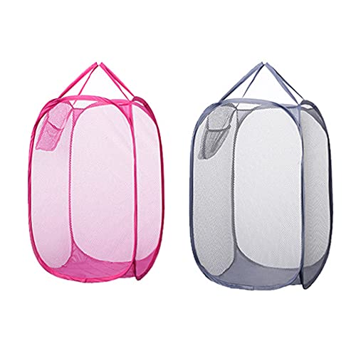 Cestos para Lavandería Plegables,2 Piezas Cesta Plegable de Malla para La Colada, Cesto de Ropa Emergente, Plegable Pop Up Malla Cesto de Ropa Bolsa, para Guardar Ropa Ordenada (Gris Claro y Rosa)