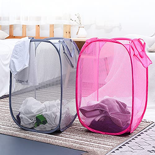 Cestos para Lavandería Plegables,2 Piezas Cesta Plegable de Malla para La Colada, Cesto de Ropa Emergente, Plegable Pop Up Malla Cesto de Ropa Bolsa, para Guardar Ropa Ordenada (Gris Claro y Rosa)