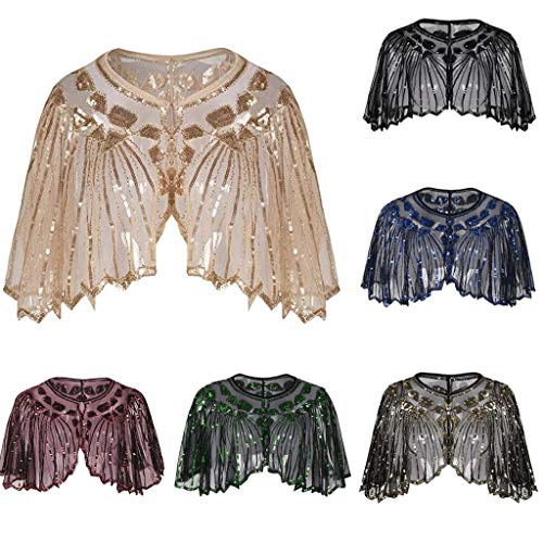 Chal Mujer Fiesta Lentejuela 1920s SHOBDW Sexy Tops Blusa Cover Up Vestido de Novia Torera con Cuentas Regalo de Cumpleaños Club Fiesta Nocturna Elegante Cardigan(Oro,Talla única)