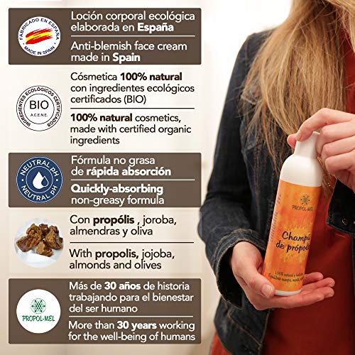 Champu pH neutro con Propoleo - 250 ml. Champu natural certificación BIO, sin sulfatos. Regenera, hidrata, suaviza, da brillo y volumen al cabello; protege el cuero cabelludo.