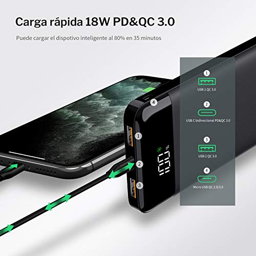 Charmast Power Bank 10000mah Batería Externa Carga Rápida Ultra Slim 18W QC 4.0 USB C Cargador Portátil con Led Dispaly Power Delivery Compatible con iPhone,Samsung,Smartphones