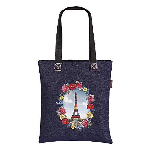 Clairefontaine 83017C - Un Sac Shopping Multifonctions - motifs Paris/Tour Eifflel/Floral 35x40 cm en Coton polyester et Jeans brut - Collection Les Cakes de Bertrand