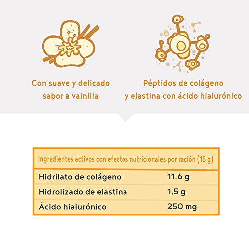 Colágeno con elastina marina y ácido hialurónico - Péptidos de hidrolizado de colágeno de tipo I, II y III - Sin aditivos - Sabor vainilla - 450 g en polvo