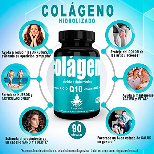 Colágeno Hidrolizado con Ácido Hialurónico y Coenzima Q10+Vitaminas A,C,D y B12+Zinc/Fórmula antiedad para una piel tersa y radiante/Ayuda a fortalecer las articulaciones,huesos y cabello/90 Cápsulas