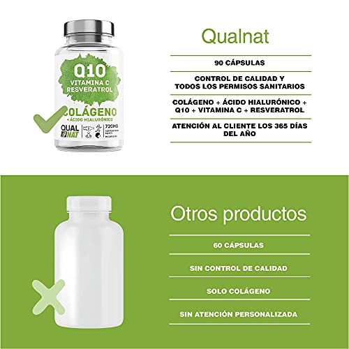 Colágeno marino con ácido hialurónico| Coencima Q10 - Vitamina C - Resveratrol | Colágeno Marino Piel Radiante| Huesos y Articulaciones Fuertes - 180 Cap