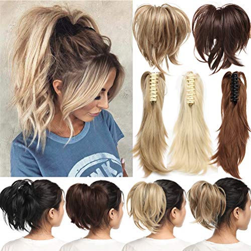 Coleta Postiza Ajustable con Garra Pinza Pelo Sintético Se Ve Natural Ondulado en Capas 30cm Corta Extensiones de Cabello Clip Postizos Ponytail Marrón medio