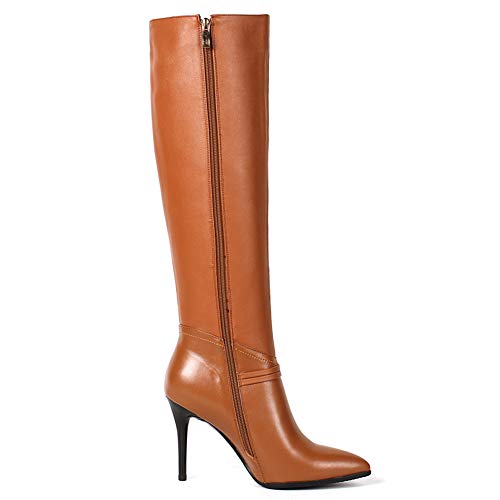 COLETER Botas de combate para mujer, piel metalizada, botas altas hasta la rodilla, de invierno, punta puntiaguda, tacones altos, color Marrón, talla 40 EU