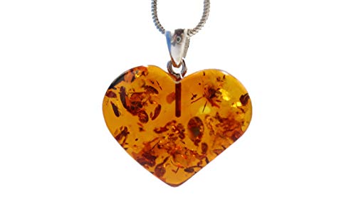 Colgante de corazón de ámbar, color coñac con lazo de plata de ley 925, ámbar báltico, joyería de ámbar