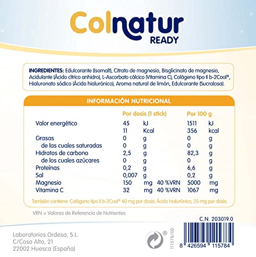 Colnatur Ready Listo Para Tomar - Colágeno con Magnesio, Ácido Hialurónico y Vitamina C, 30 Sticks Monodosis