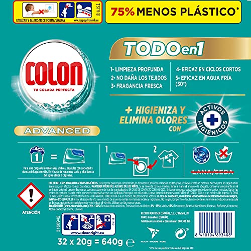 Colon Total Power Gel Caps Higiene - Detergente para Lavadora con activos higiénicos, Formato Cápsulas - 32 unidades