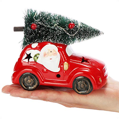 com-four® 2X Coche de Navidad LED con Abeto - Coche de cerámica roja con luz LED - Coche de decoración para la Navidad con Santa Claus y el muñeco de Nieve [la selección varía]