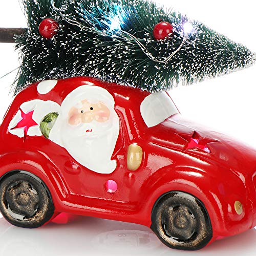 com-four® 2X Coche de Navidad LED con Abeto - Coche de cerámica roja con luz LED - Coche de decoración para la Navidad con Santa Claus y el muñeco de Nieve [la selección varía]