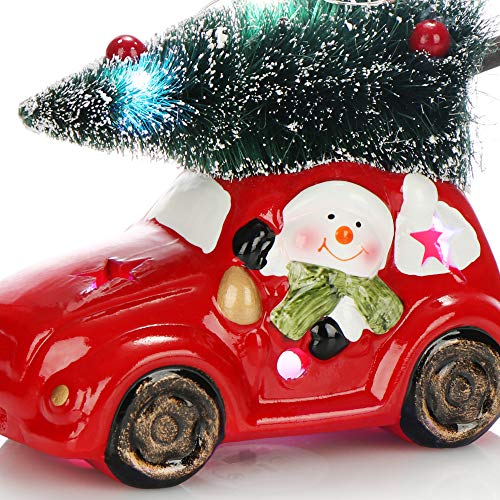 com-four® 2X Coche de Navidad LED con Abeto - Coche de cerámica roja con luz LED - Coche de decoración para la Navidad con Santa Claus y el muñeco de Nieve [la selección varía]