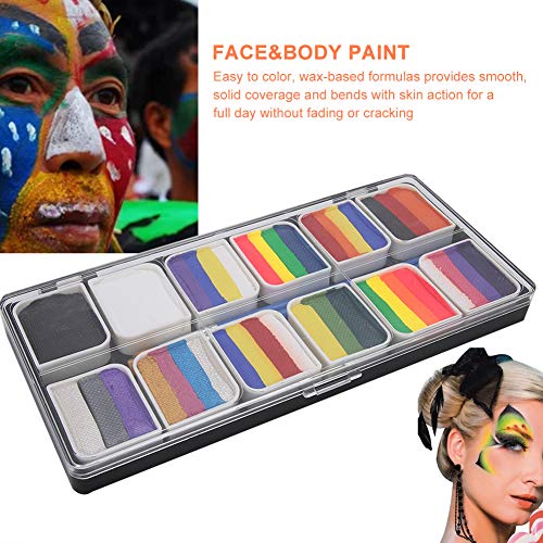 Conjunto de pintura corporal de 12 colores Pintura facial a base de agua Conjunto de tiras de arco iris Fiesta de Halloween Juego de pelota Ventilador Fantasía Body Art Maquillaje Pigmento