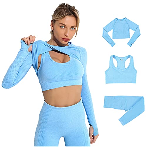 Conjunto Yoga 3 Piezas Ropa Fitness , Pantalones De Yoga Súper Elásticos Sin Costuras+Bralette Para Mujer+Camiseta Deportiva De Manga Larga Sin Costuras Mujer Azul L