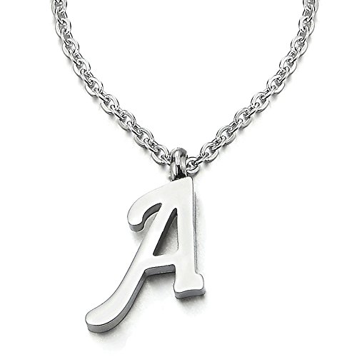 COOLSTEELANDBEYOND Nombre Inicial Letra del Alfabeto A Colgante, Collar de Mujer Hombre, Acero Inoxidable,50cm Cadena Cuerda