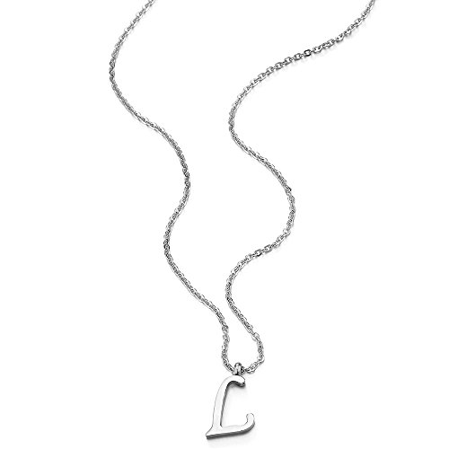 COOLSTEELANDBEYOND Nombre Inicial Letra del Alfabeto L Colgante, Collar de Mujer Hombre, Acero Inoxidable,50cm Cadena Cuerda