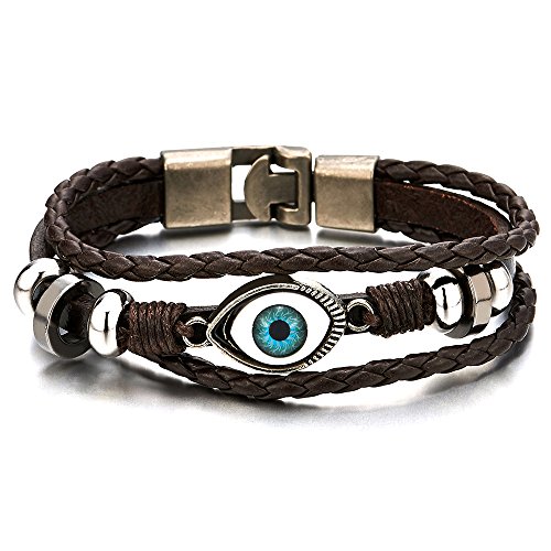 COOLSTEELANDBEYOND Tres Filas Mal de Ojo Pulsera Encanto, Pulsera Cuero de Mujer Niñas Hombre, Tejido Pulsera del Abrigo