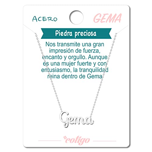 Cotigo Collar Nombre Gema Acero Incluye Tarjeta con Significado Hermoso Colgante Plateado o Dorado Regalos Personalizados para Mujer Cumpleaño Navidad Día de madre San valentín (Gema-Plateado)