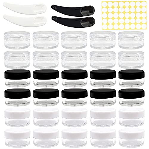 COYICOLI 30 Piezas Envases para Cosmetica,Envase cosmético vacío de 5g Mini Tarro de Plástico Tarro vacío Crema de Viaje con Tapa-Crema/Muestra/Loción/Polvo-3 Colores (Blanco, Negro, Transparente)