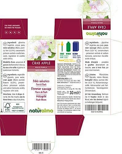 Crab apple o Manzano silvestre (Malus pumila) Flores de Bach Naturalma | No. 10 | Gotas 30 ml | Extracto líquido sin alcohol | Esencias florales | Vegano y libre de alcohol