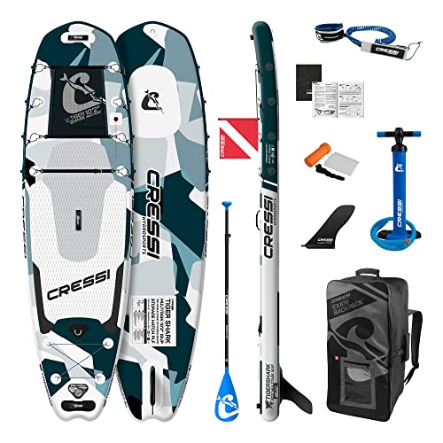 Cressi Tiger Shark Multitask Isup Set Aquamarine Camo 10'2'' Sup Hinchable Fish Shape con Compartimento Integrado para Guardar el Equipo, Unisex-Adult, Aguamarina Camou, One Size