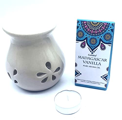 CRIGEMA - Set con aceite esencial Goloka Palo Santo Peruviano, quemador de esencias de cerámica y vela Tealight (vainilla de Madagascar)