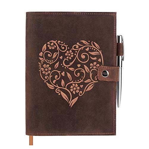 Cuaderno A5 de Cuero Genuino y Bloc de Notas Recargable – Libreta A5 con Grabado de Corazón en Relieve – Diario Personal Hecho a Mano con Portalápices – Papel de Primera Calidad – Lujoso Bolígrafo