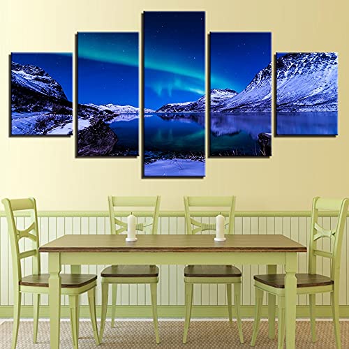 Cuadro en lienzo con imagen impresa de alta definición, 5 piezas de aurora boreal, iceberg, océano, decoración del hogar, lienzo A66 XL