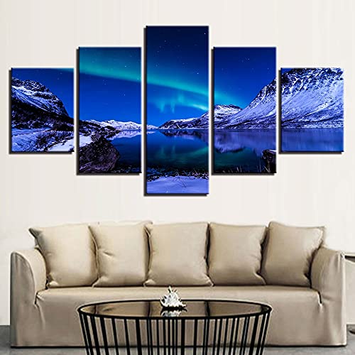 Cuadro en lienzo con imagen impresa de alta definición, 5 piezas de aurora boreal, iceberg, océano, decoración del hogar, lienzo A66 XL