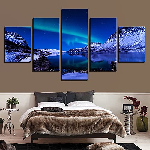 Cuadro en lienzo con imagen impresa de alta definición, 5 piezas de aurora boreal, iceberg, océano, decoración del hogar, lienzo A66 XL