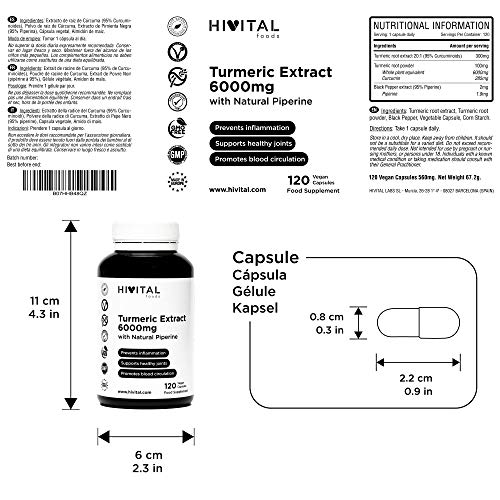 Cúrcuma 6000 mg, Extracto al 95% con Pimienta Negra | 120 cápsulas vegetales | Para mejorar la circulación sanguínea, la salud cardiovascular, combatir la inflamación y el dolor de las articulaciones.