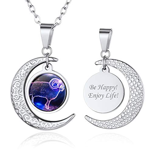 Custom4U Personalizados Collares Sol y Luna para Mujeres 12 Constelaciones Aries Marzo para Cumpleaños Joyería Horóscopo Acero Inoxidable 316L Nombres Grabados