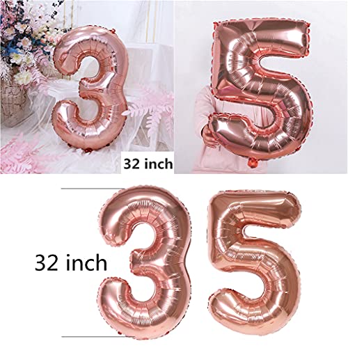 Decoración de cumpleaños para mujer, oro rosa, 35 años, 35 años, globos gigantes