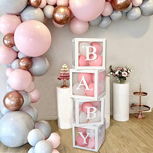 Decoraciones de fiesta de cumpleaños para baby shower para niños y niñas - 4 cajas de globos transparentes blancas con letras A - Z, cajas de globos para baby shower, revelación de género