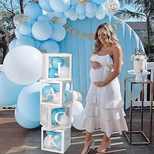 Decoraciones de fiesta de cumpleaños para baby shower para niños y niñas - 4 cajas de globos transparentes blancas con letras A - Z, cajas de globos para baby shower, revelación de género