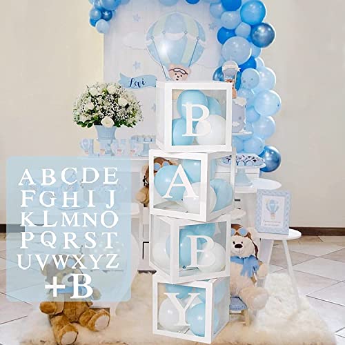 Decoraciones de fiesta de cumpleaños para baby shower para niños y niñas - 4 cajas de globos transparentes blancas con letras A - Z, cajas de globos para baby shower, revelación de género