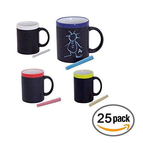 Deliex delicias de Extremadura Lote Tazas Pizarra Cerámica Colores Variados con Tiza, Pinturas para Dibujar Niños en Bodas, Bautizos y Comuniones (25 ud) Incluye 5 Crema Cacao